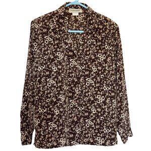 Donnkenny Blouse Career‎ Petite XL Black Brown Tones Spring Flowers Button Up